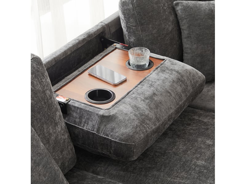  Canapé d'angle convertible 4 places en tissu gris avec tablettes, ports usb et type-c et lampe de lecture  - Conforama D