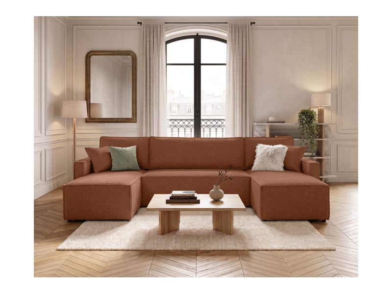  Farah - canapé d'angle panoramique convertible 6 places accoudoirs slim en tissu bouclettes texturées  - Conforama B