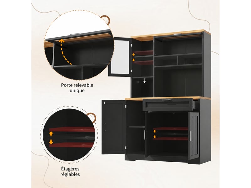  Meuble de cuisine muvano, buffet haut de cuisine avec vitrine, éclairage led, noir, 104 × 40 × 180 cm  - Conforama R