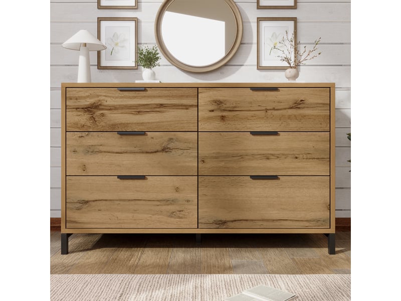  Commode 6 tiroirs avec pieds réglables pour chambre en panneaux de particules 120×40×76 cm chêne foncé  - Conforama C