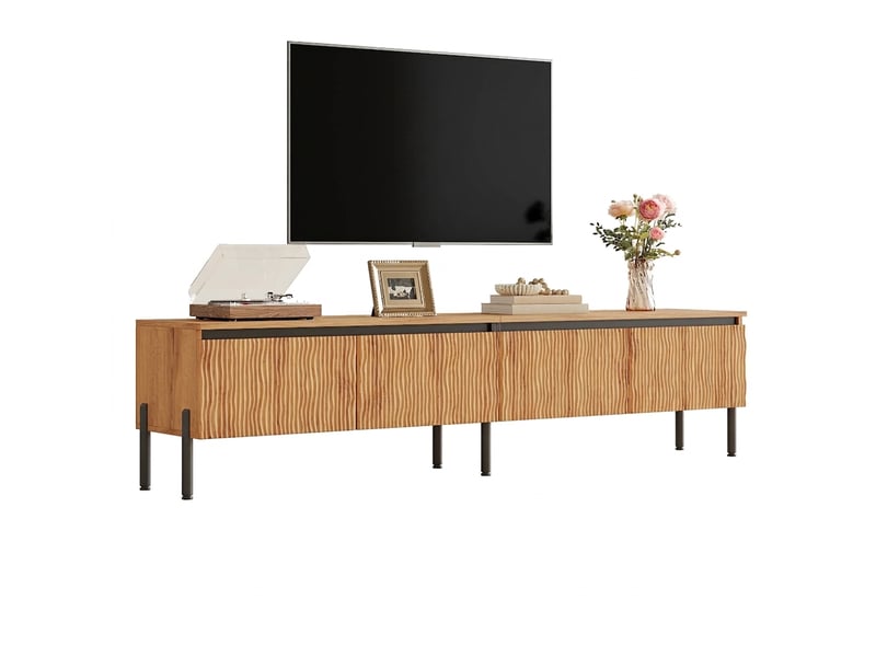  Meuble tv bois naturel 180 cm avec 4 portes ondulées et pieds en métal  - Conforama A