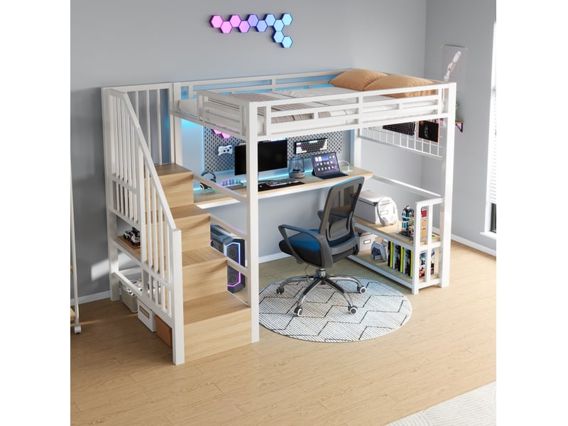  Lit mezzanine enfant 90 x 200 cm blanc avec bureau, rangements, led et prises usb  - Conforama C