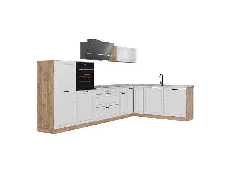 Vicco cuisine en angle, blanc campagnechêne doré, 347 x cm plan de travail marbre - Conforama A