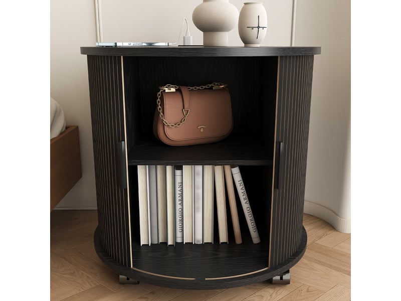 Table de chevet - 60x60x60cm - bout de canapé cylindrique mid-century en mdf avec station de charge - noyer - noir - Conforama D