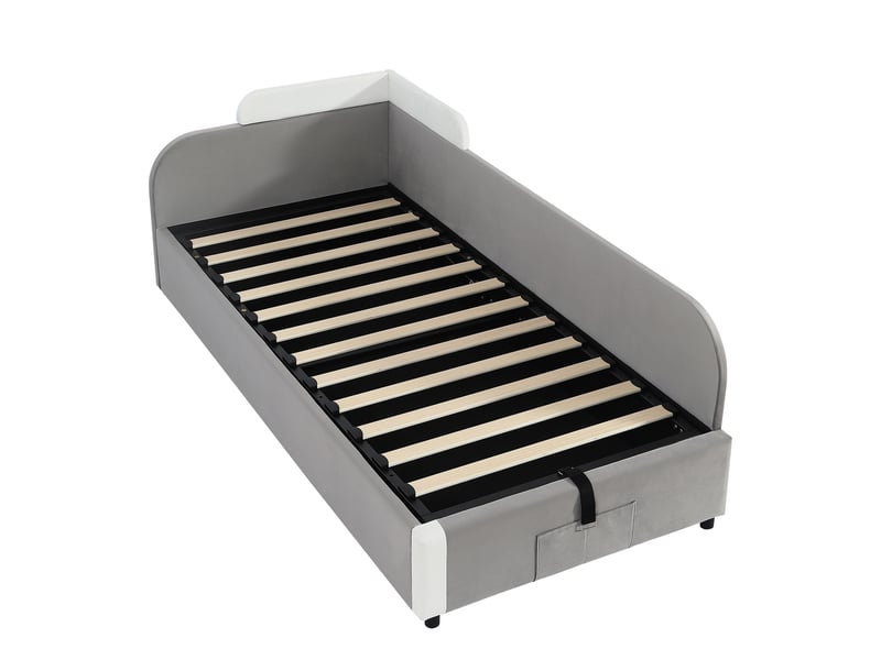  Lit coffre côté droit 90 x 200 cm, coffre à relevage hydraulique, poche de rangement, barrières latérales, velours et contreplaqué, blanc et gris ABC - Conforama A