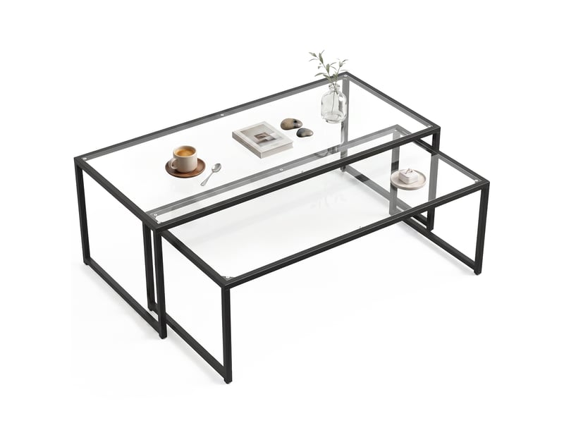  Lot de 2 tables basses gigognes tables de salon rectangulaires design en acier noir et plateaux en trempé verre  - Conforama B