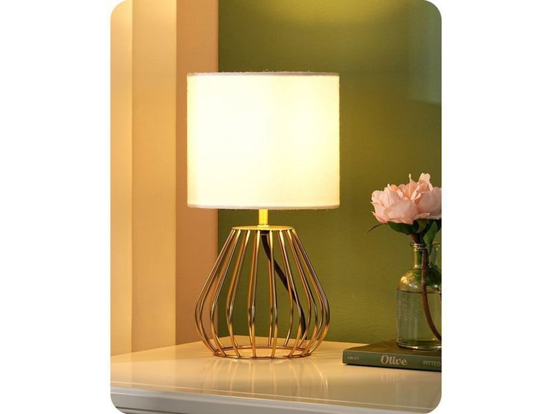 Lampe de chevet design industriel t165 abat-jour lin blanc base metal or e14 led 2700k 29 cm 370618_AAAYP05907_6_DROPFR - Conforama A