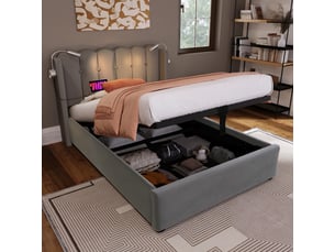 Lit coffre rembourré 90 x 200 cm avec recharge usb-c et lampe de lecture, velours gris