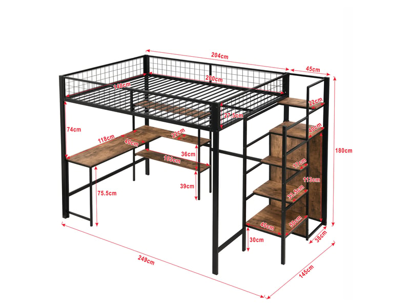  Lit mezzanine 140 × 200 cm 2 places avec bureau, étagères et armoire, sans matelas, en métal et mdf, noir et marron  - Conforama D