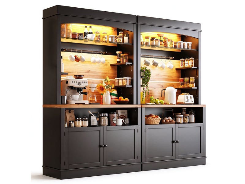  Lot de 2 buffets hauts de cuisine 107x43x184 cm chacun, éclairage led, 2 portes, mdf et métal, noir  - Conforama A