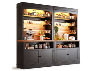 Lot de 2 buffets hauts de cuisine 107x43x184 cm chacun, éclairage led, 2 portes, mdf et métal, noir
