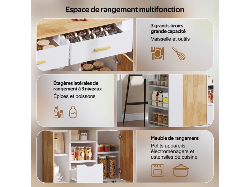  Desserte de cuisine avec plateau rabattable, 3 tiroirs, étagère à épices et roulettes verrouillables pour cuisine  - Conforama E