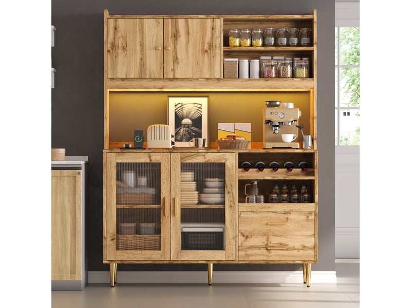  Armoire colonne cuisine 130x40x172 cm bois avec led rgb, prises intégrées, porte-bouteilles, étagères coulissantes, 2 tiroirs et rangement moderne  - Conforama C