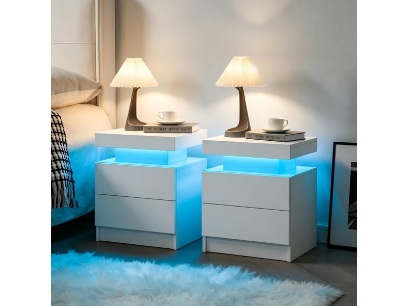  Lot de 2 tables de chevet led,50x36x53 cm,2 tiroirs,blanches  - Conforama B
