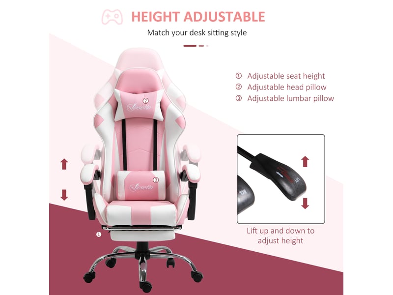  Chaise de gaming ergonomique bureau avec appui-tête coussin lombaire réglable en hauteur pivotante à 360° rose et blanc  - Conforama E