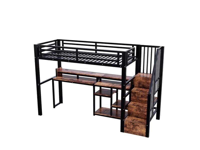  Lit mezzanine enfant 90x200 cm, cadre de lit en métal, échelle avec rangement, ports usb et type-c, bande led, noir  - Conforama A