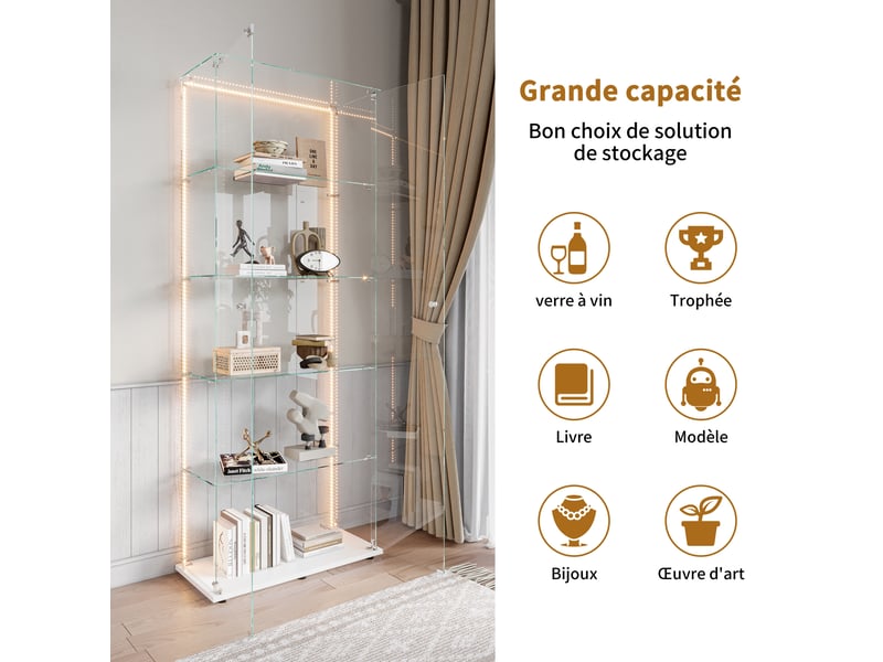  Vitrine de présentation 5 niveaux en verre blanc - armoire de vitrine verre verrouillable avec bande led et étagères pour collection  - Conforama E