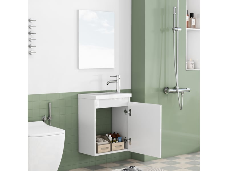 Meuble sous vasque mural avec 1 porte, vasque en céramique et miroir sans poignée, blanc brillant pour salle de bain - Conforama D