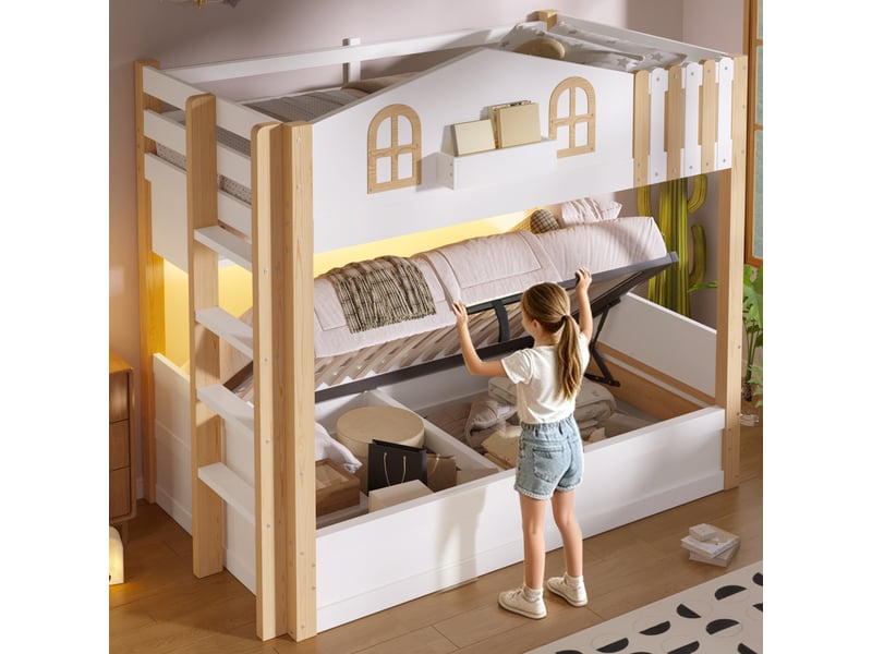 Lit superposé, 90 x 200 cm, design maison, rangement hydraulique, éclairage led, compartiment de rangement ouvert, échelle en position optionnelle, sans matelas, blanc et naturel - Conforama E