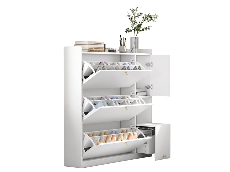 Meuble à chaussures 119x24x122 cm avec 3 abattants, banc rabattable, panneau de particules blanc