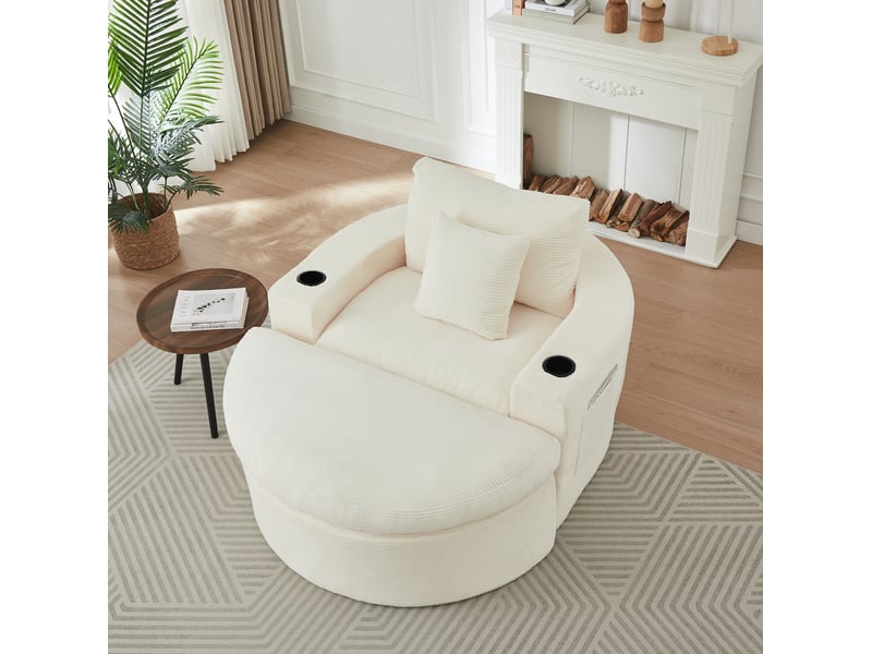  Fauteuil lounge rond 1 place avec repose-pieds et porte-gobelet, velours côtelé beige  - Conforama W