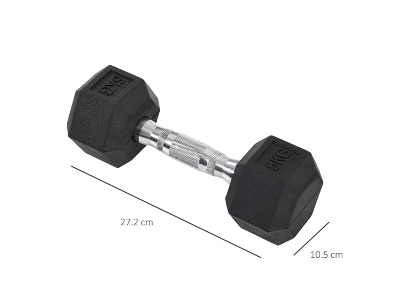 Lot de 2 haltères hexagonaux 2 x 5 kg en fonte avec revêtement caoutchouc noir, poignées moletées, design antiroulis - Conforama C