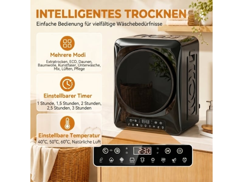  Sèche-linge à évacuation compact 1000 w, modes extra sec et eco, minuterie et température réglables, noir  - Conforama D