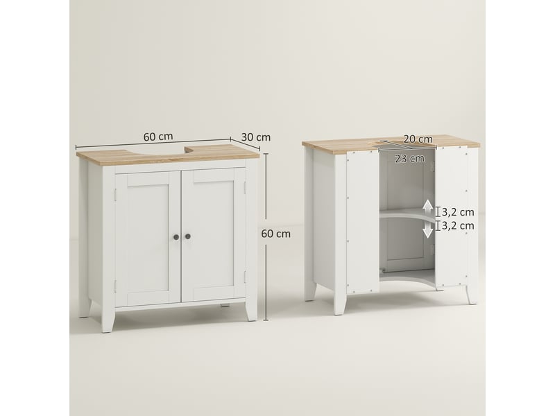  Meuble sous évier, placard bas à 2 portes et étagère réglable, style moderne, 60 x 30 x 60 cm, blanc  - Conforama E