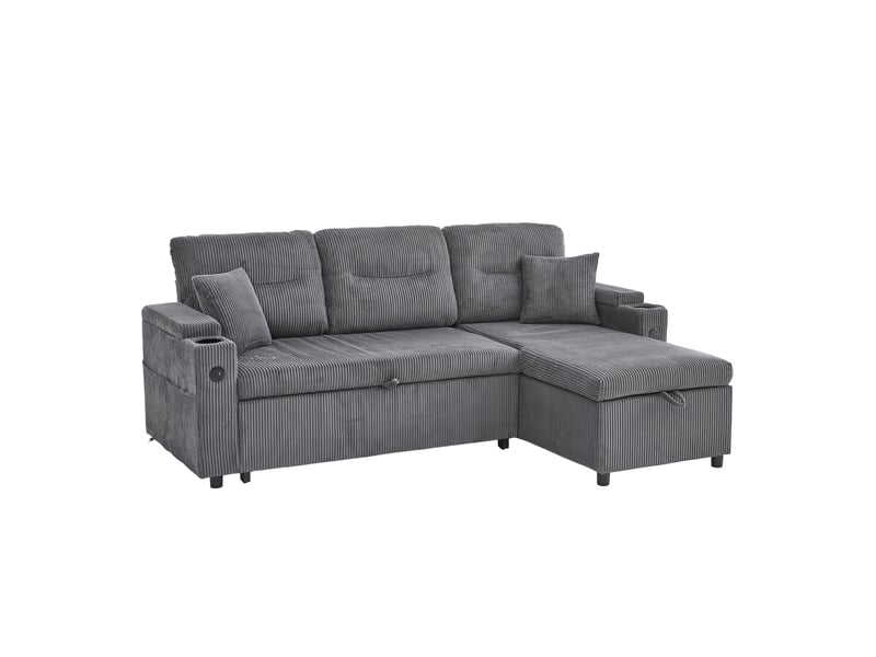 Canapé d'angle convertible 3 places – canapé-lit en velours côtelé avec méridienne coffre, tiroir-lit, porte-gobelets, usb type-c, rangement intégré – gris anthracite - Conforama A