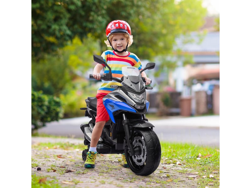 Moto électrique pour enfants de 3 à 6 ans, permis honda, double moteur 12 v, roues, 3 kmh, poids max. 30 kg, bleue - Conforama D