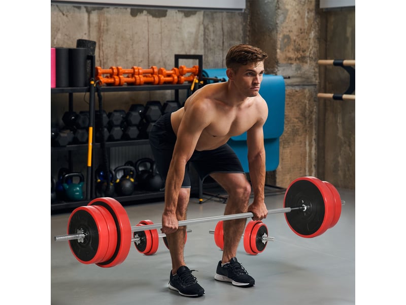  Ensemble haltères et disques, 65 kg au total, pour entraînement à domicile, en métal, sable de fer et caoutchouc, rouge  - Conforama D