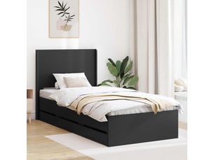 Lit adulte, lit simple, cadre de lit avec rangement et tête de lit noir 90x200cm cf1818