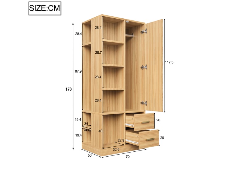  Armoire 70 x 50 x 170 cm avec 1 porte, 2 tringles, étagères ouvertes et 2 tiroirs, bois clair  - Conforama D