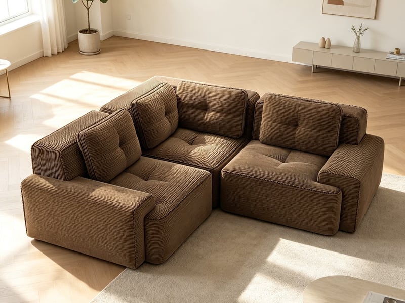  Canapé modulable combinable sans cadre, assise profonde en velours côtelé, salon ou bureau, 69 × 206 × 206 cm, marron  - Conforama B