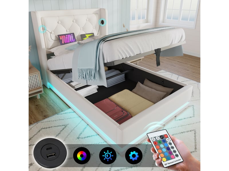  Lit coffre hydraulique 90x200 - lit simple avec fonction de chargement usb type-c et led - pu - sans matelas - blanc  - Conforama E