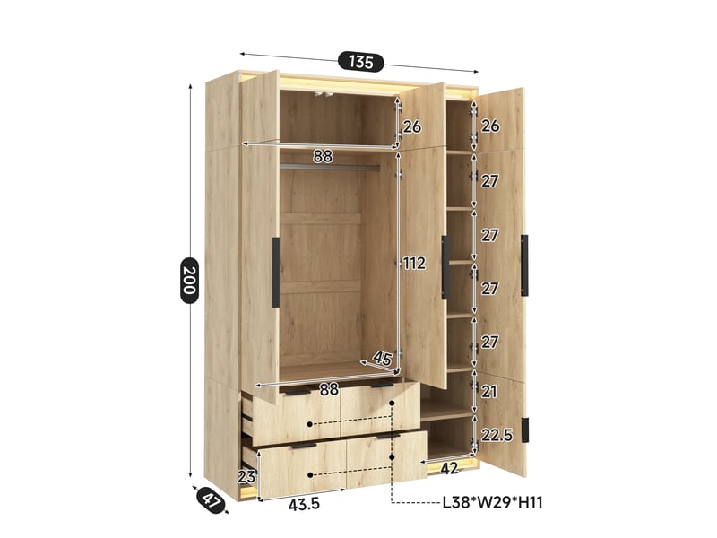 Armoire de chambre 135x47x200 cm, penderie dressing avec miroir et éclairage led, 3 portes et 4 tiroirs, en mdf, chêne - Conforama E