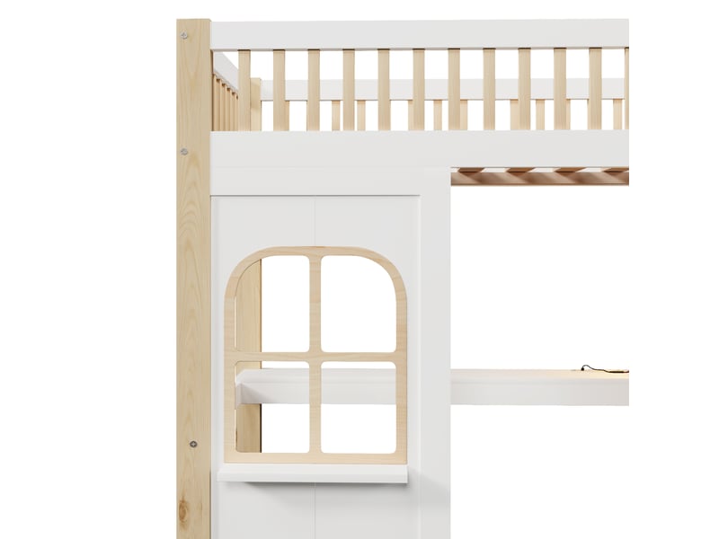  Lit mezzanine enfant 90x200 cm avec led, maison et bureau, pin et mdf, blanc et naturel, sans matelas  - Conforama E