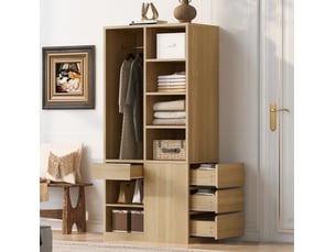 Armoire 70x50x170 cm avec penderie, étagères et tiroirs coloris bois clair