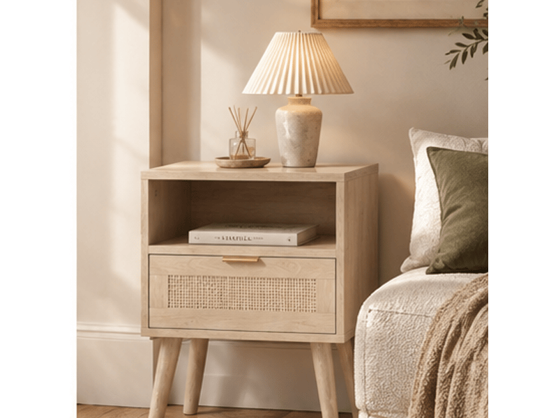  Table de chevet, avec tiroir, étagère ouverte, façade en rotin et poignée dorée, pour chambre, mdf, chêne, 45 × 40 × 55 cm  - Conforama C