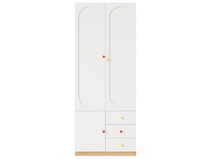 Armoire à vêtements 80 x 50 x 200 cm portes doubles et tiroirs tringle et étagères finition laquée blanche structure mdf poignées en céramique rouges et jaunes