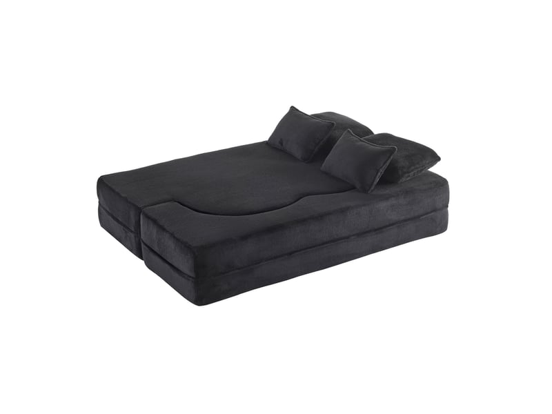 Canapé convertible 2 places au sol en tissu noir avec 4 coussins - Conforama D