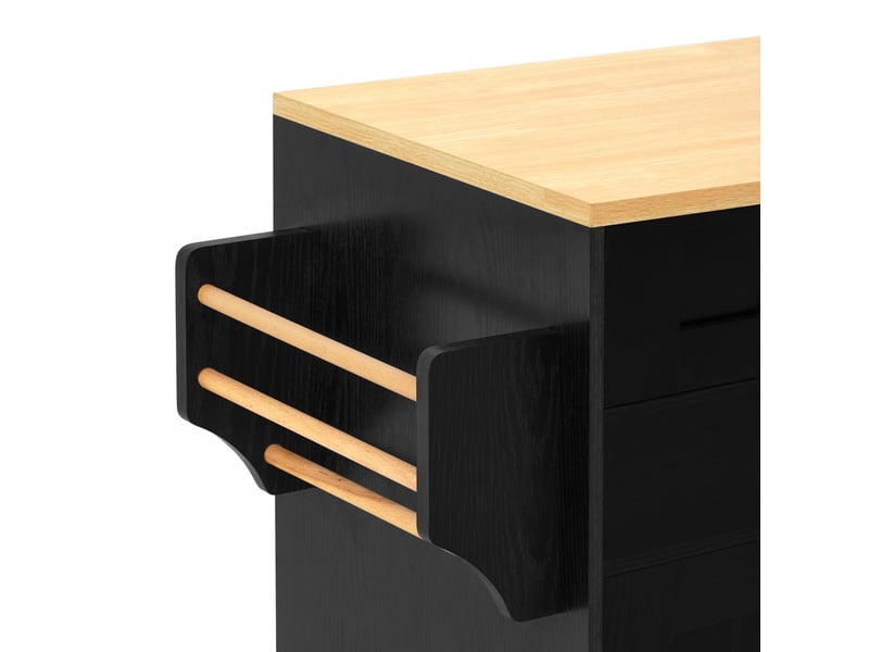  Îlot de cuisine extensible 188,6 x 36,7 x 92 cm, roulettes, 2 tiroirs, 3 portes et poubelle intégrée, noir, en mdf  - Conforama E