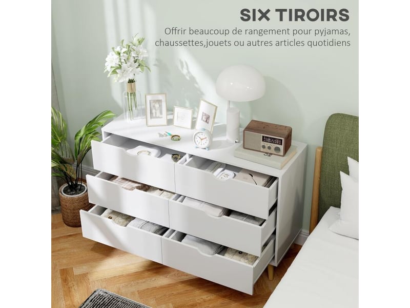  Commode 6 tiroirs meuble de rangement 5 pieds biseautés en bois  120 x 40 x 76 cm blanc  - Conforama E