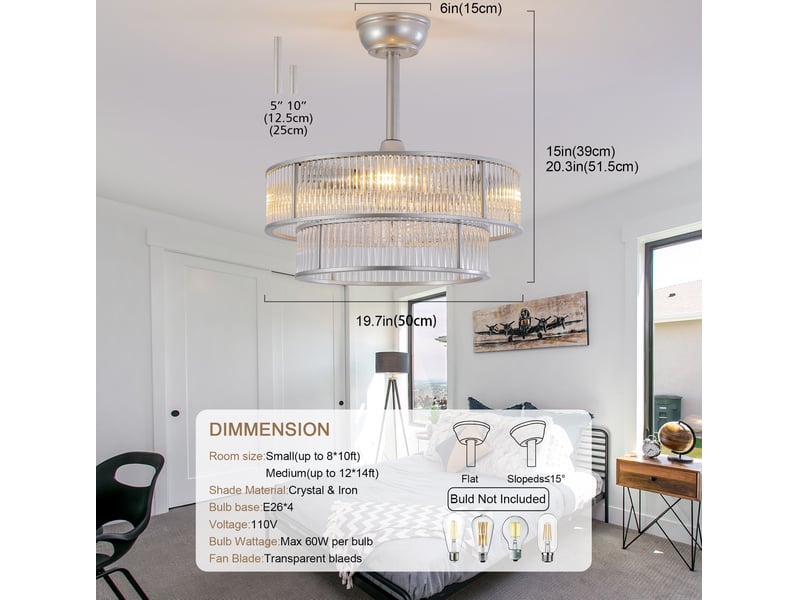  Ventilateur de plafond 19 pouces en verre et métal argenté, avec télécommande, app bluetooth, 6 vitesses, silencieux  - Conforama C