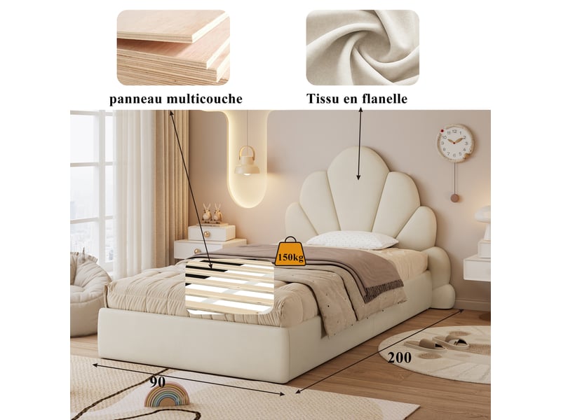  Lit enfant 90x200 cm, tête de lit à pétales courbés, sommier, velours beige, sans matelas  - Conforama D