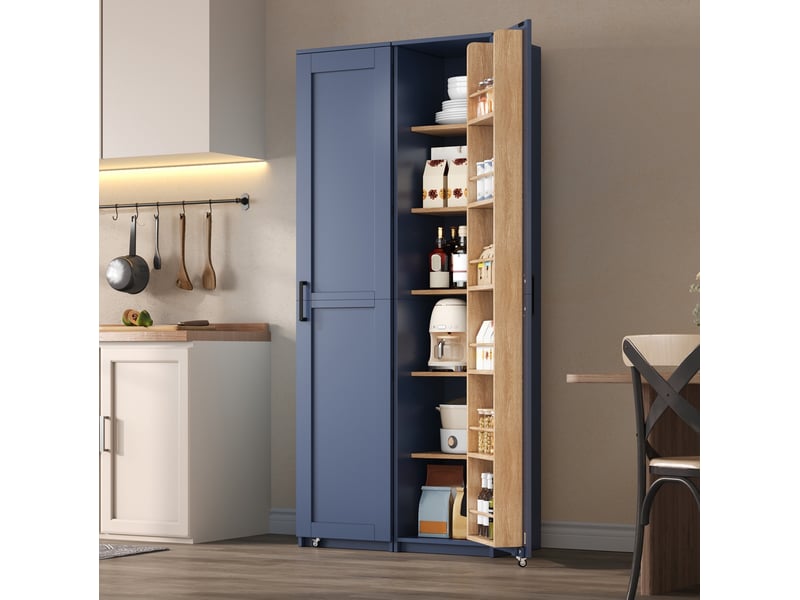  Buffet haut 40x40x183 cm avec rangement adaptable en mdf coloris bleu, style moderne  - Conforama E