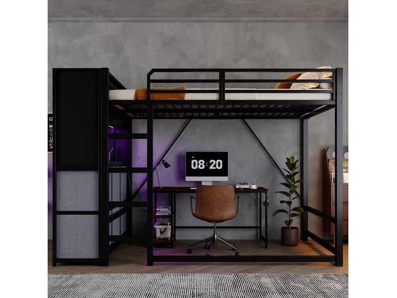  Lit mezzanine 120x200 cm noir et gris en métal et bois avec rangements, éclairage et station de charge  - Conforama B