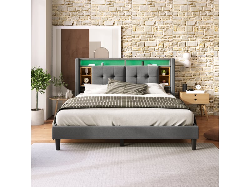  Lit double 140x200cm avec tête de lit à rangement, 2 chevets, éclairage led, port usb, sans matelas, lin, gris  - Conforama B