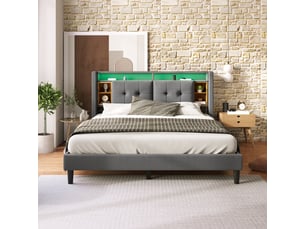 Lit double 140x200cm avec tête de lit à rangement, 2 chevets, éclairage led, port usb, sans matelas, lin, gris