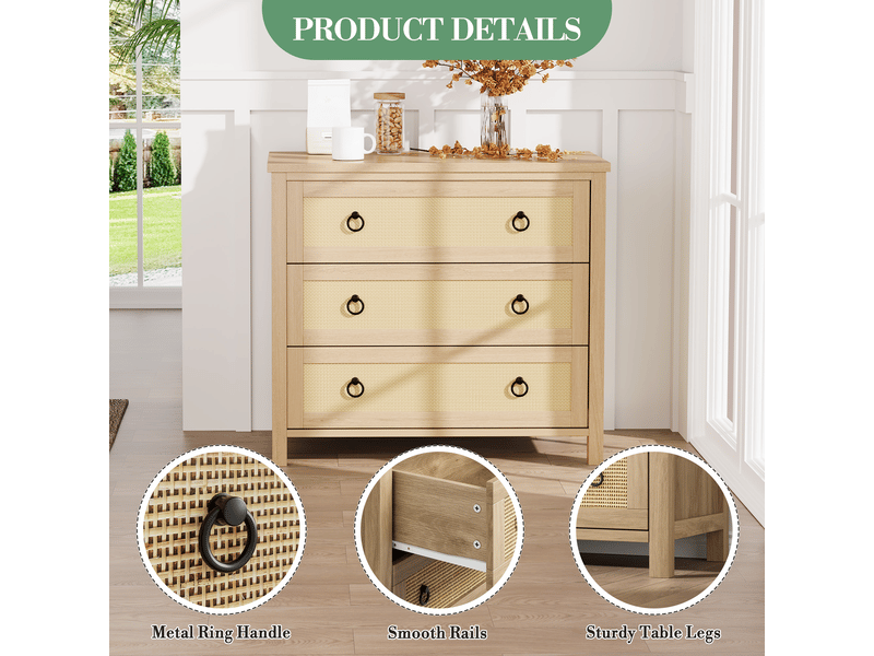 Commode en rotin 3 tiroirs, meuble haut et large en bois, tiroirs profonds, sécurité enfants,pour chambre, salon ou couloir PHO_339M6Q4K - Conforama D